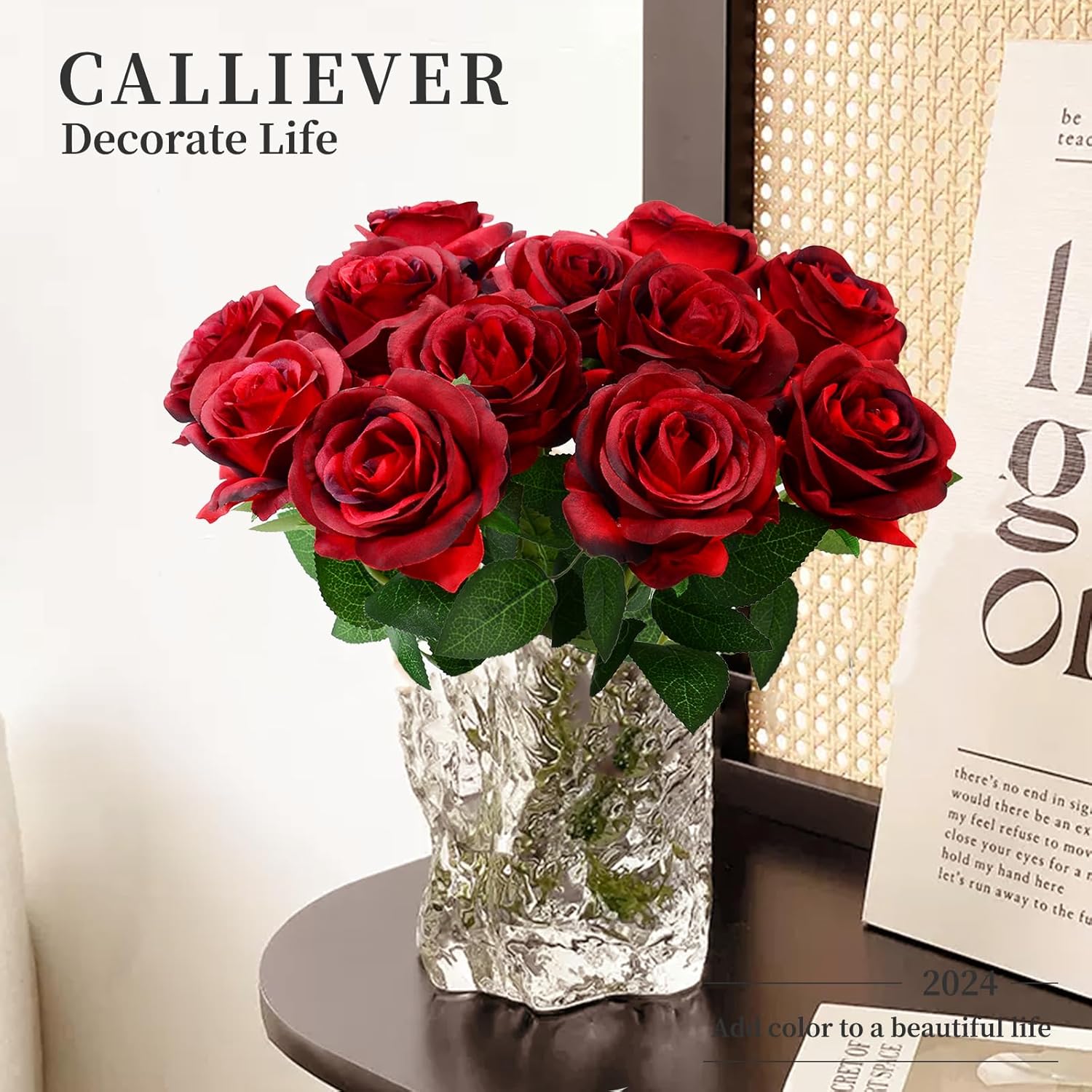 12pcs Rose Artificial Flowers, Fake Rose Silk Flower Bouquet, Faux Roses with Stems - 50cm, Roses Decor for Wedding & Home Decoration (Wine Red) - Image 3