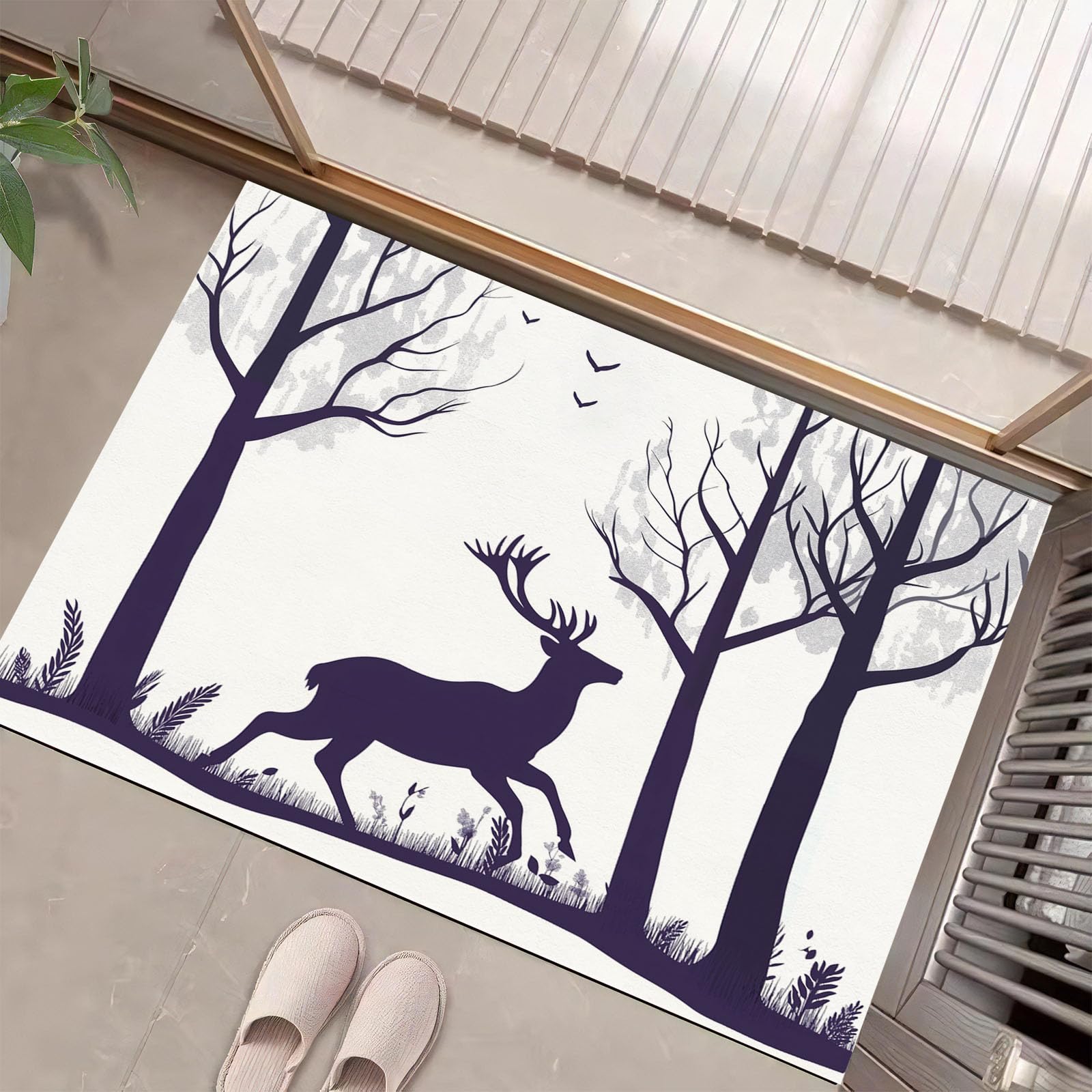 Navidad Antideslizante Felpudo, 90 x 150 cm Alfombra Entrada, Alfombras de Decoración de Resumen Bosque, Sencillo Reno Silueta Welcome Tapete de Puerta para Salón Baño Cocina, Blanco