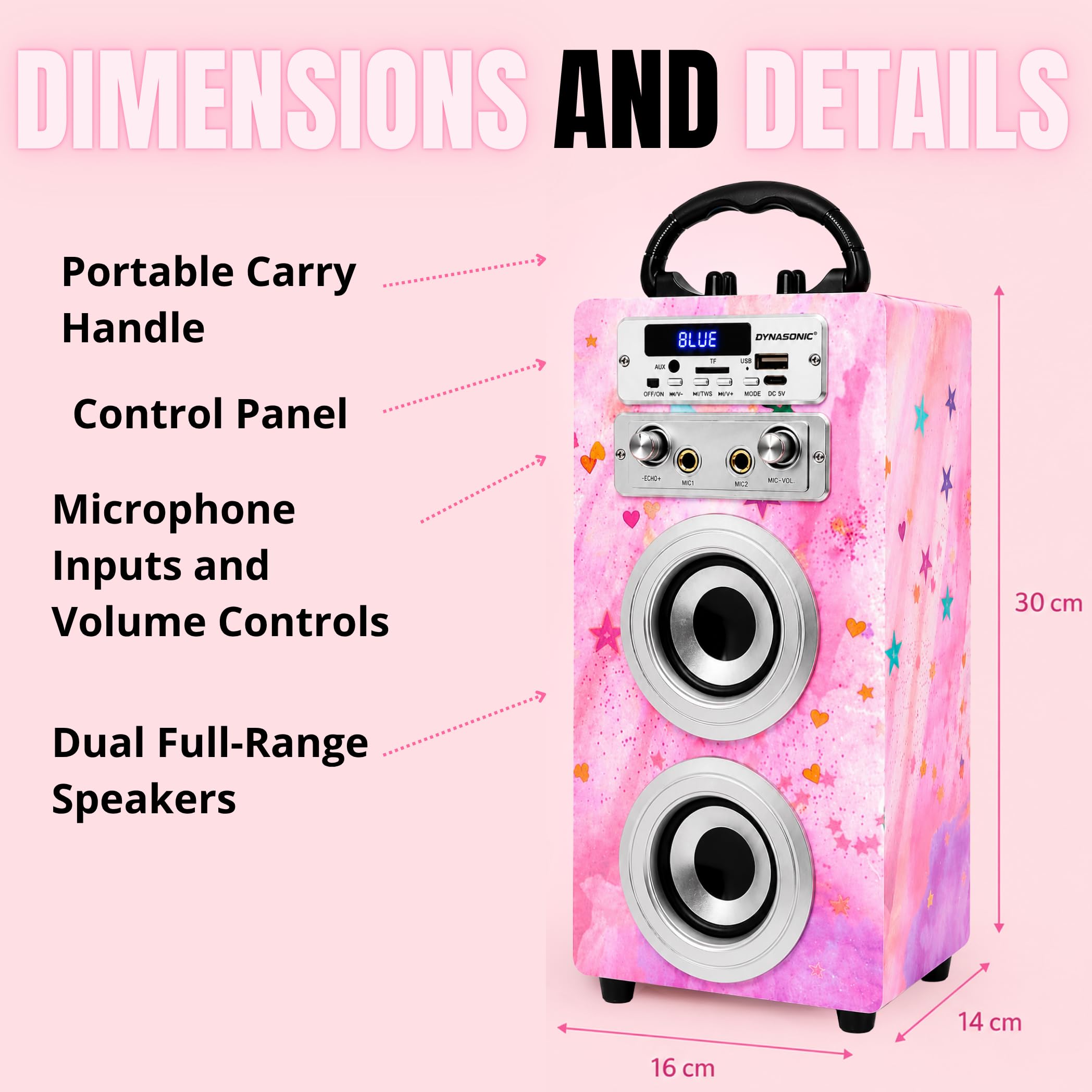 Dynasonic Machine Karaoké Portable Bluetooth avec 2 Microphones, USB/SD/AUX, Lumières LED, Batterie Rechargeable – Cadeau Enfants Anniversaire et Fête