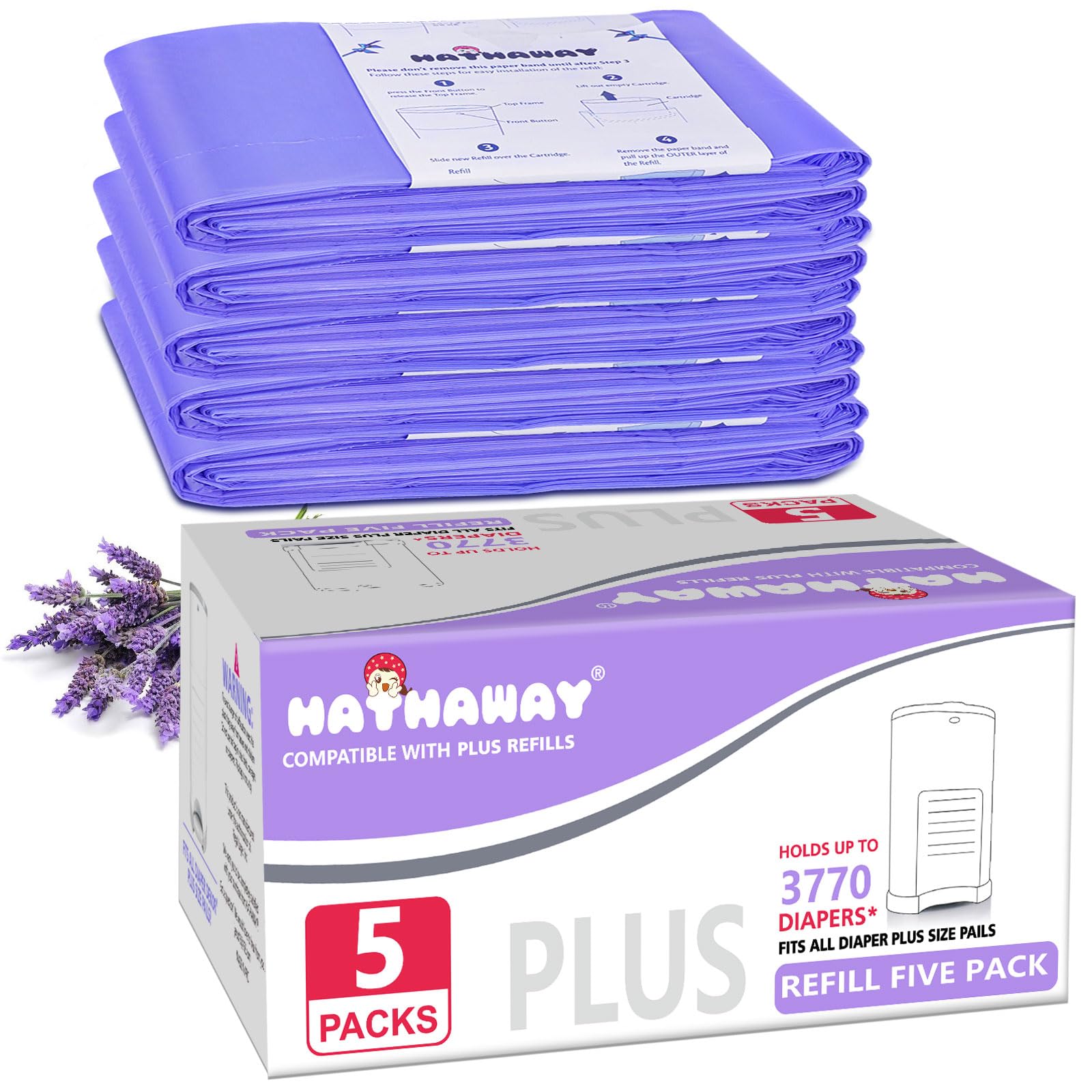 Diaper Pail Refill Bags Compatible With Dekor Plus Diaper Pail, Extra 30% Length, Lavender Scent, 5 Pack