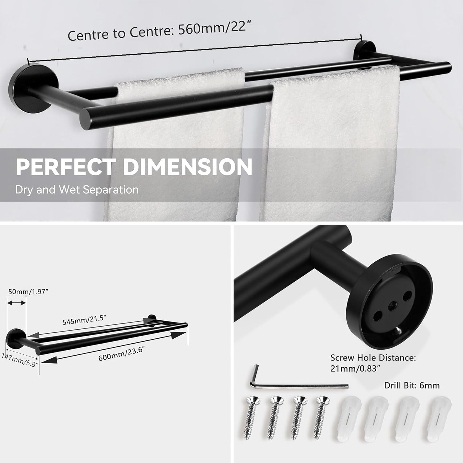 SEIDO 4-Piece Black Hardware Bathroom Accessories Set - SUS 304 Stainless Steel Bath Towel Bar Set - 24 Inch Double Towel Bar with Rounded Design, Toilet Paper Holder & 2 Hooks, No Assembly Needed