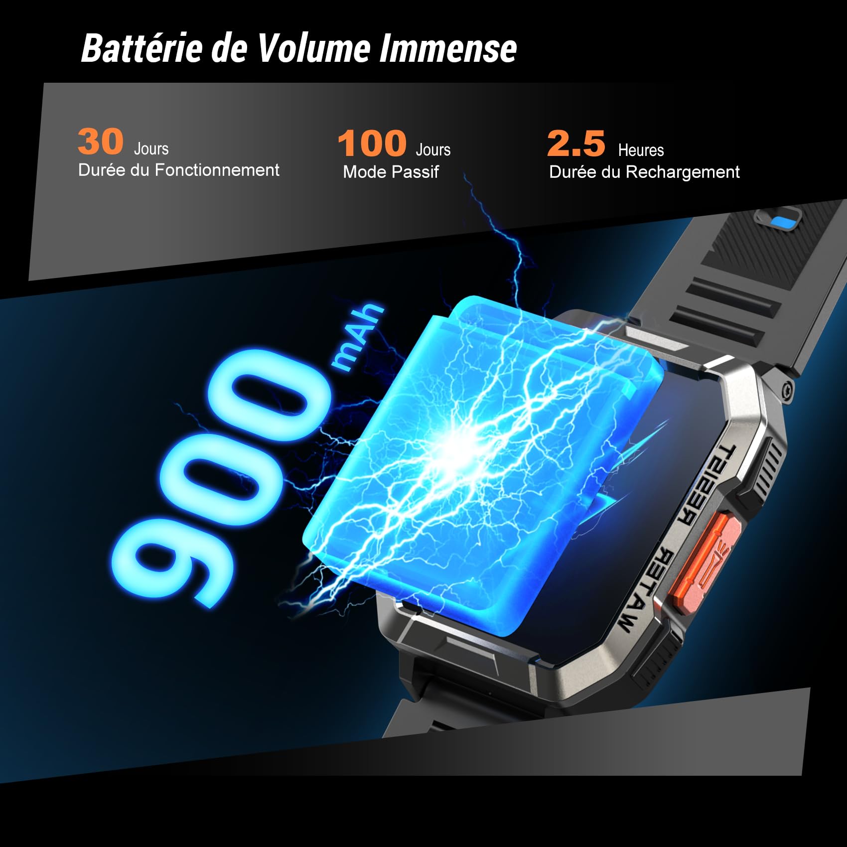 Montre Connectée Militaire Hommes, Autonomie 100 jours, Lampe de Poche LED
