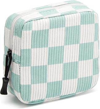 Small Makeup Bag for Purse,Mini Cosmetics Bag cute Zipper corduroy Cosmetic Pouch Storage Pouch Travel Toiletry Organizer for Women GirlsCheckered Green