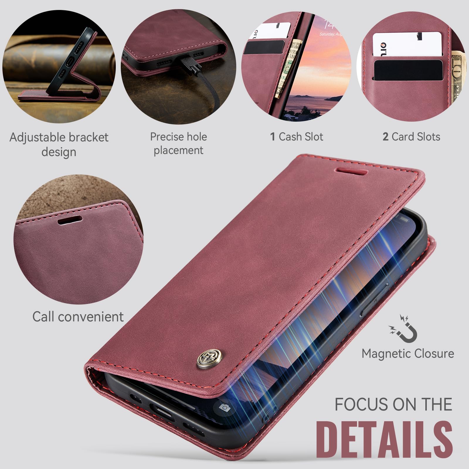 Samokor Cover per iPhone 15 Pro Max 5G Pelle Flip Custodia Cavalletto Portafoglio Magnetica Carta Fessura Antiurto per iPhone 15 Pro Max 5G,Vino Rosso