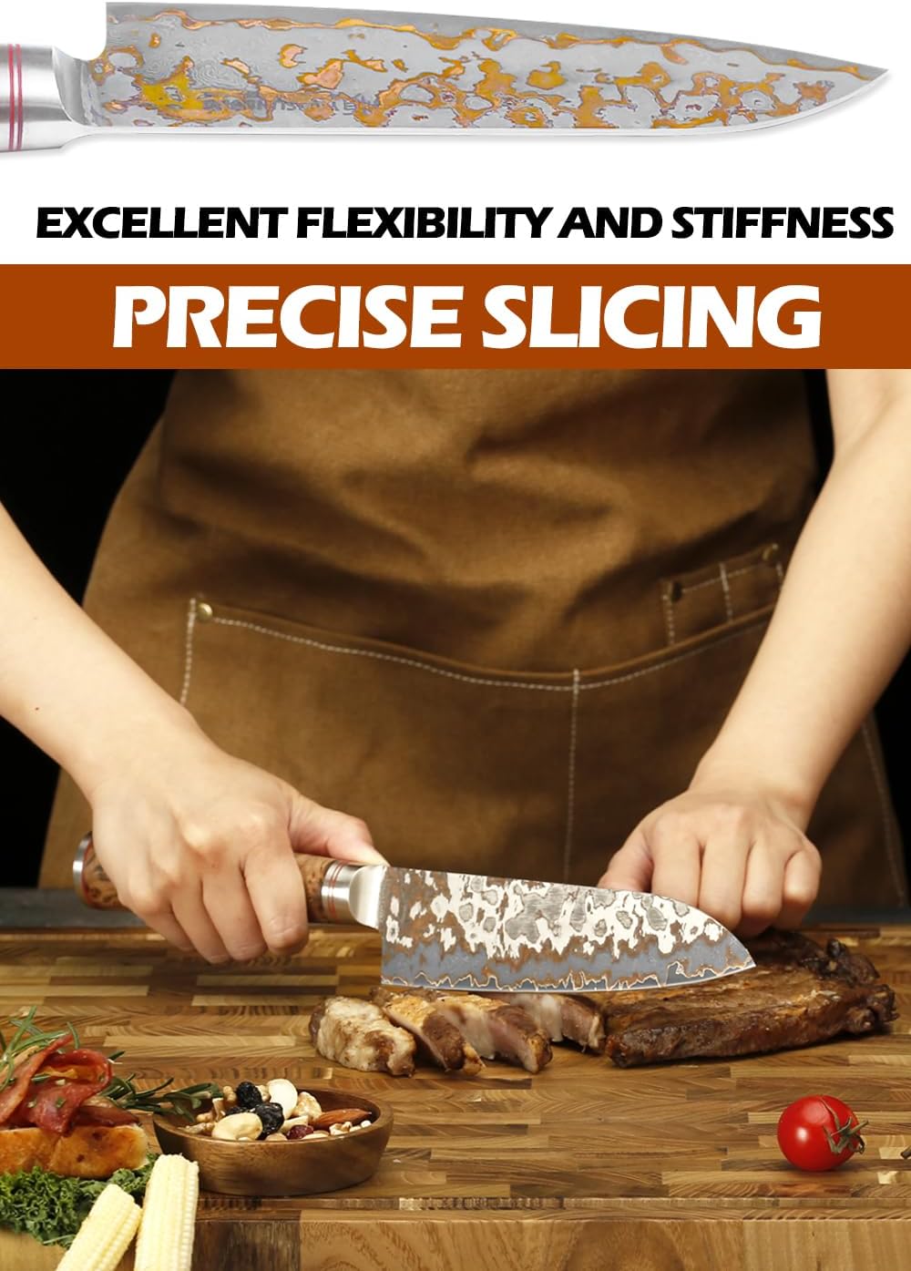 YOUSUNLONG Bunka Chef's Knives - Japanese Handmade CuMai Copper Damascus Steel Blade of 7 Inch - Professional Kitchen Knife Razor Sharp - Naturel Burl Wooden Handle with Leather and Wood Box