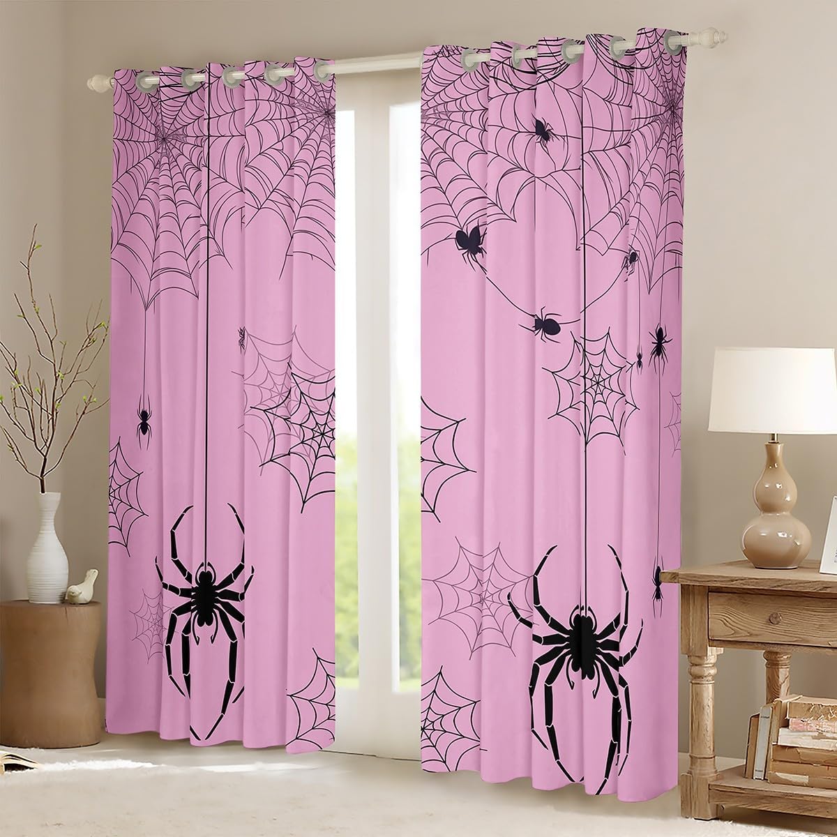 Feelyou Pink Halloween Curtains for Bedroom Living Room (2 Panels, 38 x 54 Inch) Kids Spider Web Blackout Curtains Boys Girls Teens Black Spider Darkening Drapes Animal Print Window Treatments