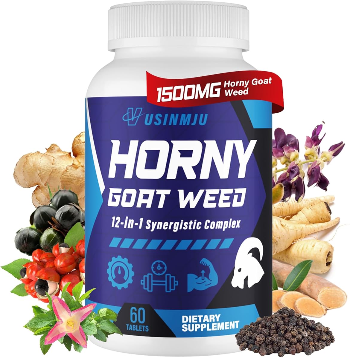 Hornygoatweed for Men, 12 In 1 Horny Goat Weed, Male Enhancing Supplement with 1500mg Horny goat weed, 500mg Maca Root, Ginseng, Tongkat Ali, Ginger for Stamina & Energy, Max Strength - 60 Tablets