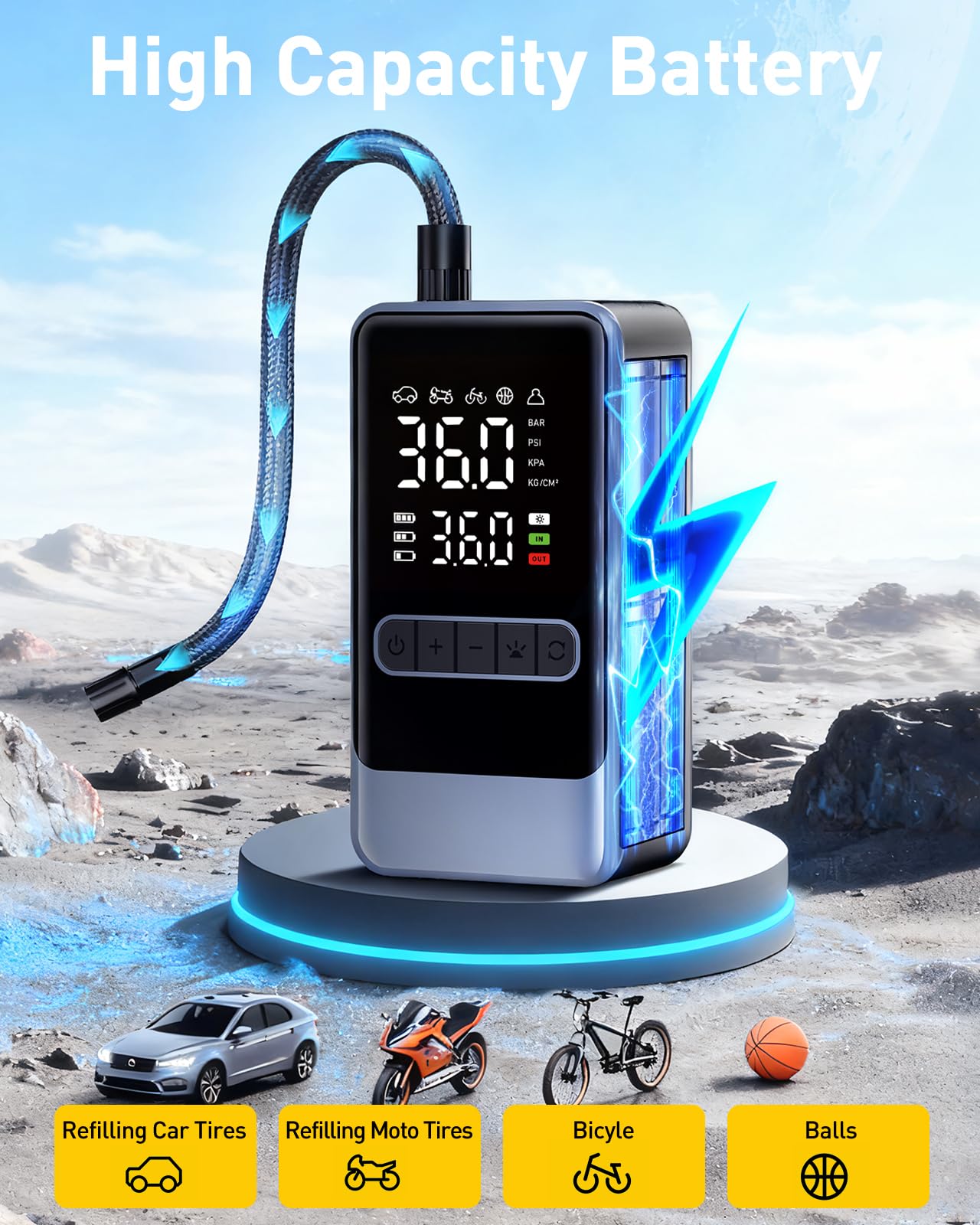 Tire Inflator Portable Air Compressor, 150PSI Cordless Air Pump for Car Tires, Electric Bike Tire Pump with Digital Pressure Gauge and LED Light, Portable Tire Inflator for Car, Moto, Bicycle