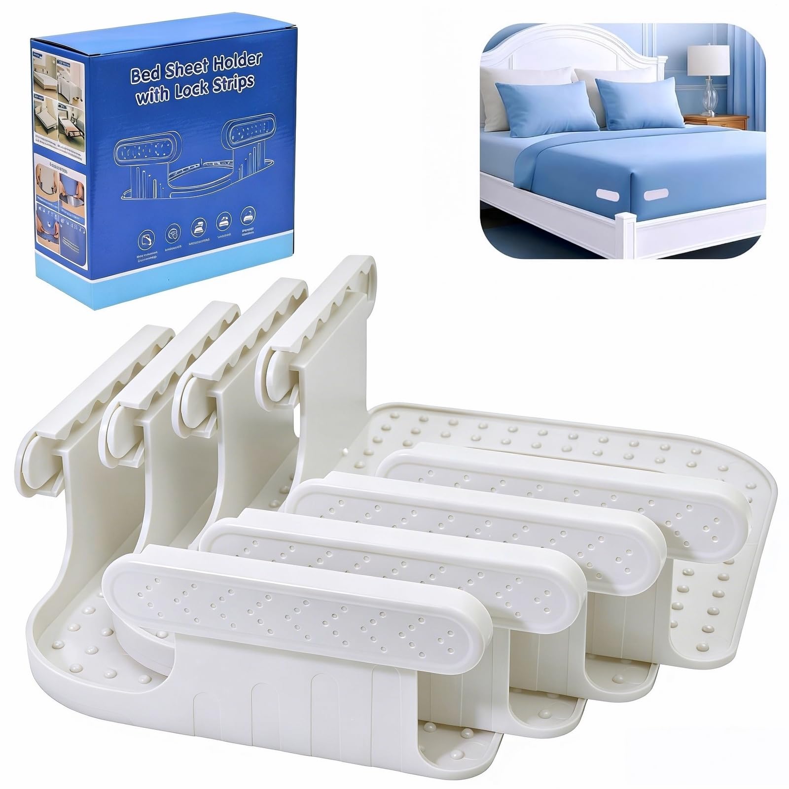 Bed Sheet Holders for Corners, Lock Sheet Holders, 4Pcs Fitted Sheet Holders Keep Sheets Firm & Tight, Durable Heavy Duty Bed Sheet Clips, Sheet Locks, Fit All Mattress Easy Install - White-image-12