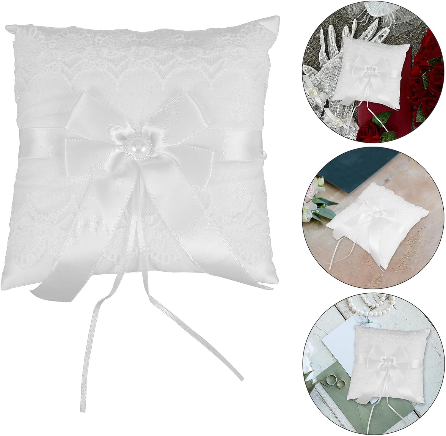 Wedding Ring Bearer Pillow Lace Bow Satin Cushion with Pearl Accent, Ivory Bridal Party Ring Cushion Holder for Wedding Ceremony and Proposal Events
