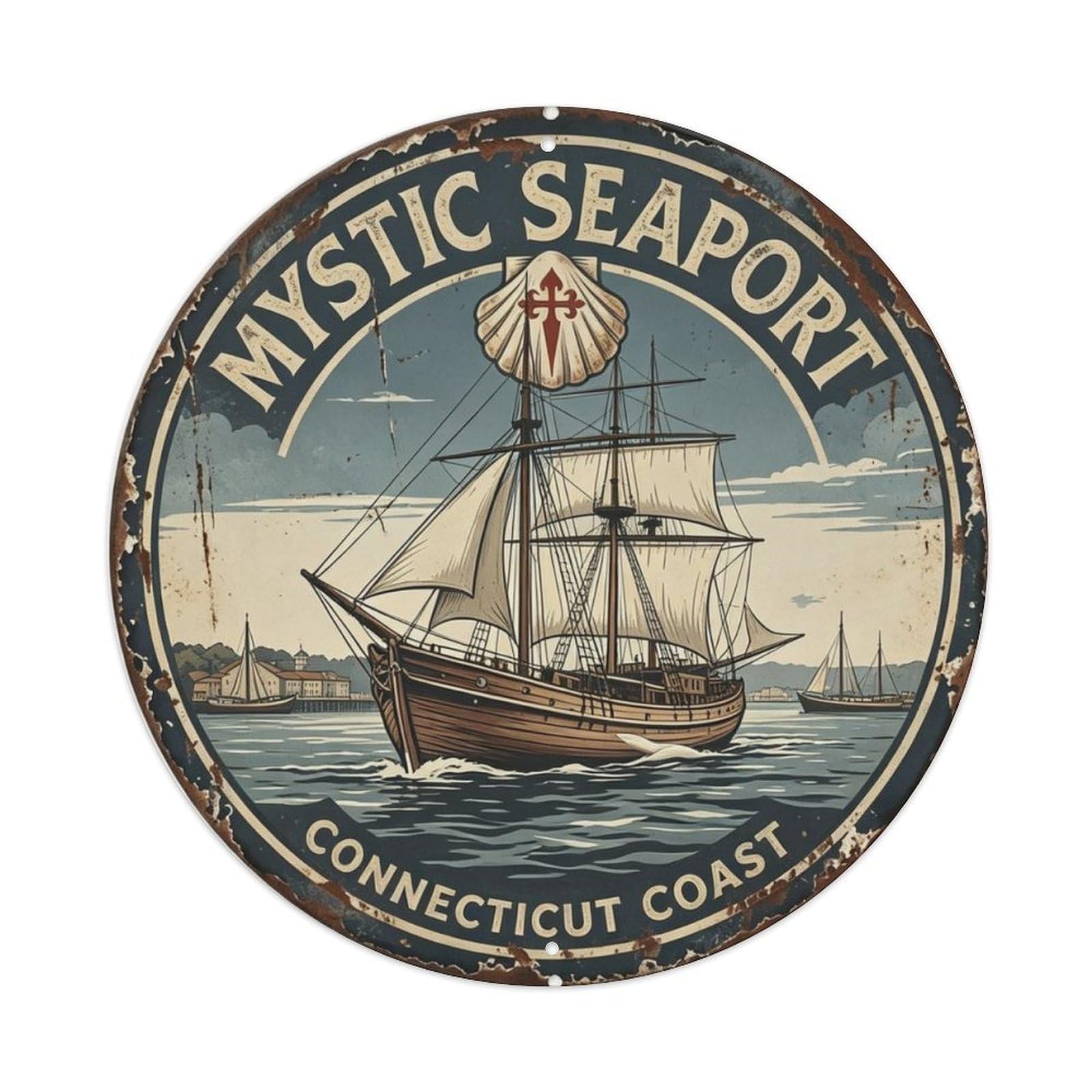 Mystic Seaport Connecticut Metal Tin Sign Plaque