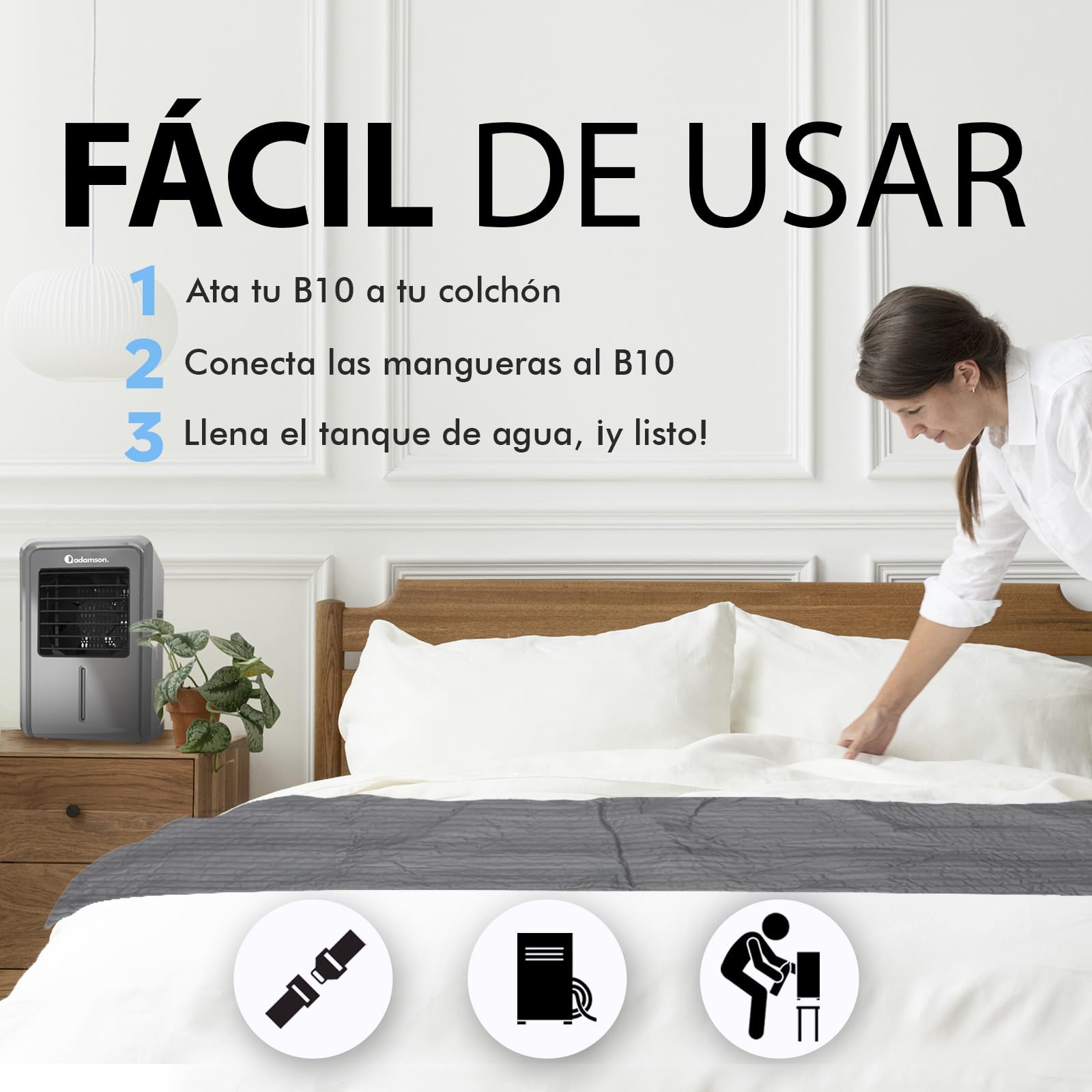 Adamson B10 Sistema de Enfriamiento para Cama - Twin 190x100 cm - 100% Algodón Cubierta Refrigerante para Sudor Nocturno - Colchón Enfriador de Agua Perfecto para Dormidores con Calor - Gris