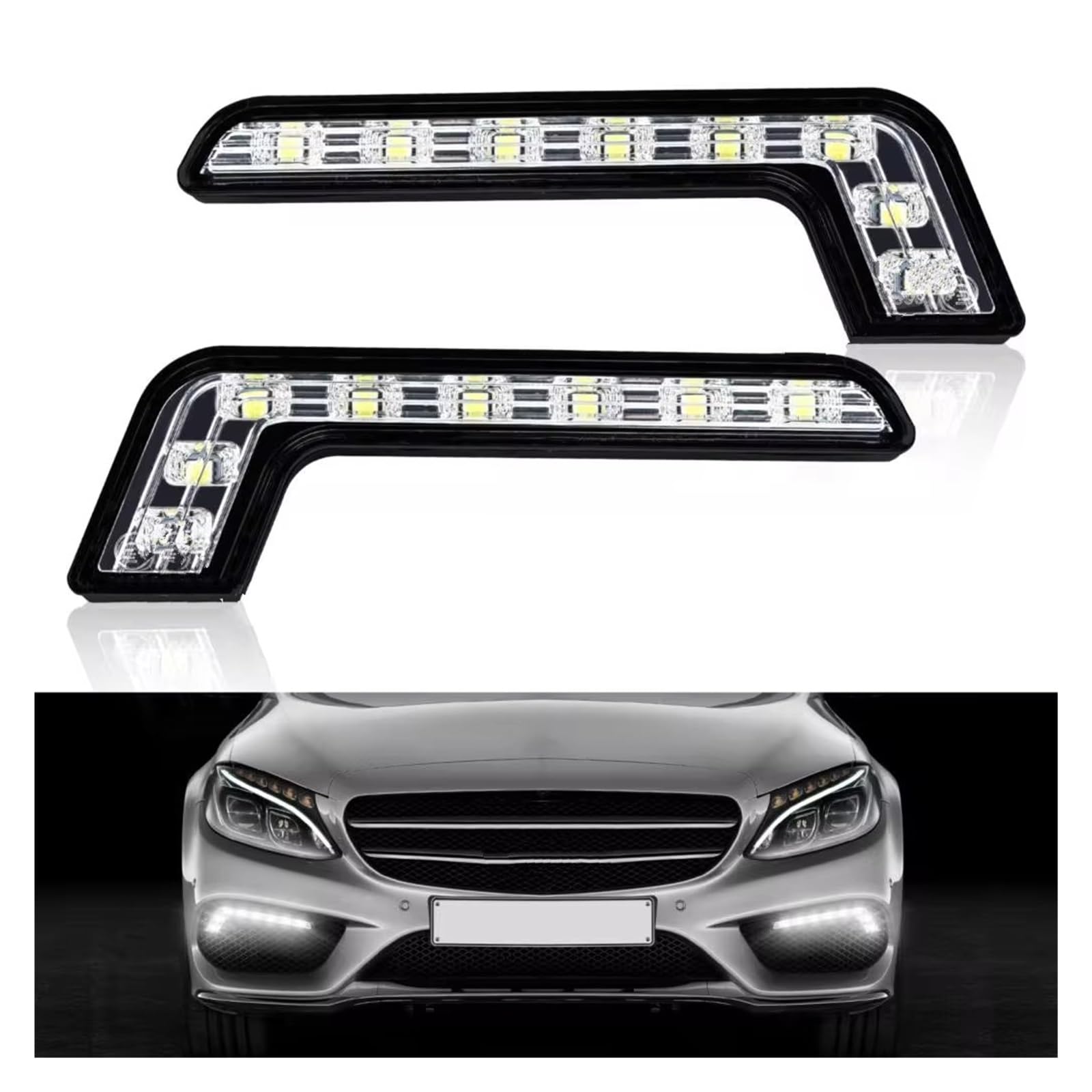 Phare Avant Lot 2 Feux Jour Blancs 12 V À 8 LED pour Pare-Chocs Avant Feu Brouillard Bande DRL Étanche Super Brillante en Forme L Universel pour Voiture Éclairage Avant Automobile