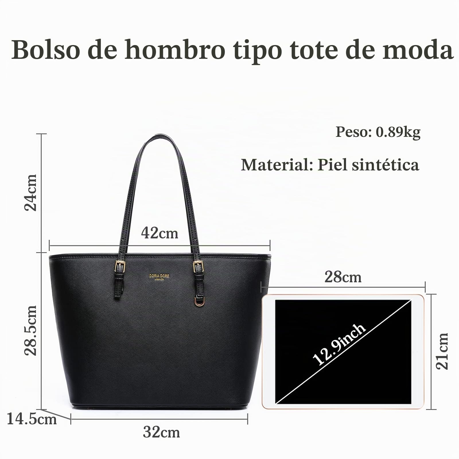 Bolsos de Mujer Bolsa de Hombro de Moda Señora Grande Bolso Tote PU Cuero Bolso Shopper para Escuela Trabajo Viaje Compras Negro