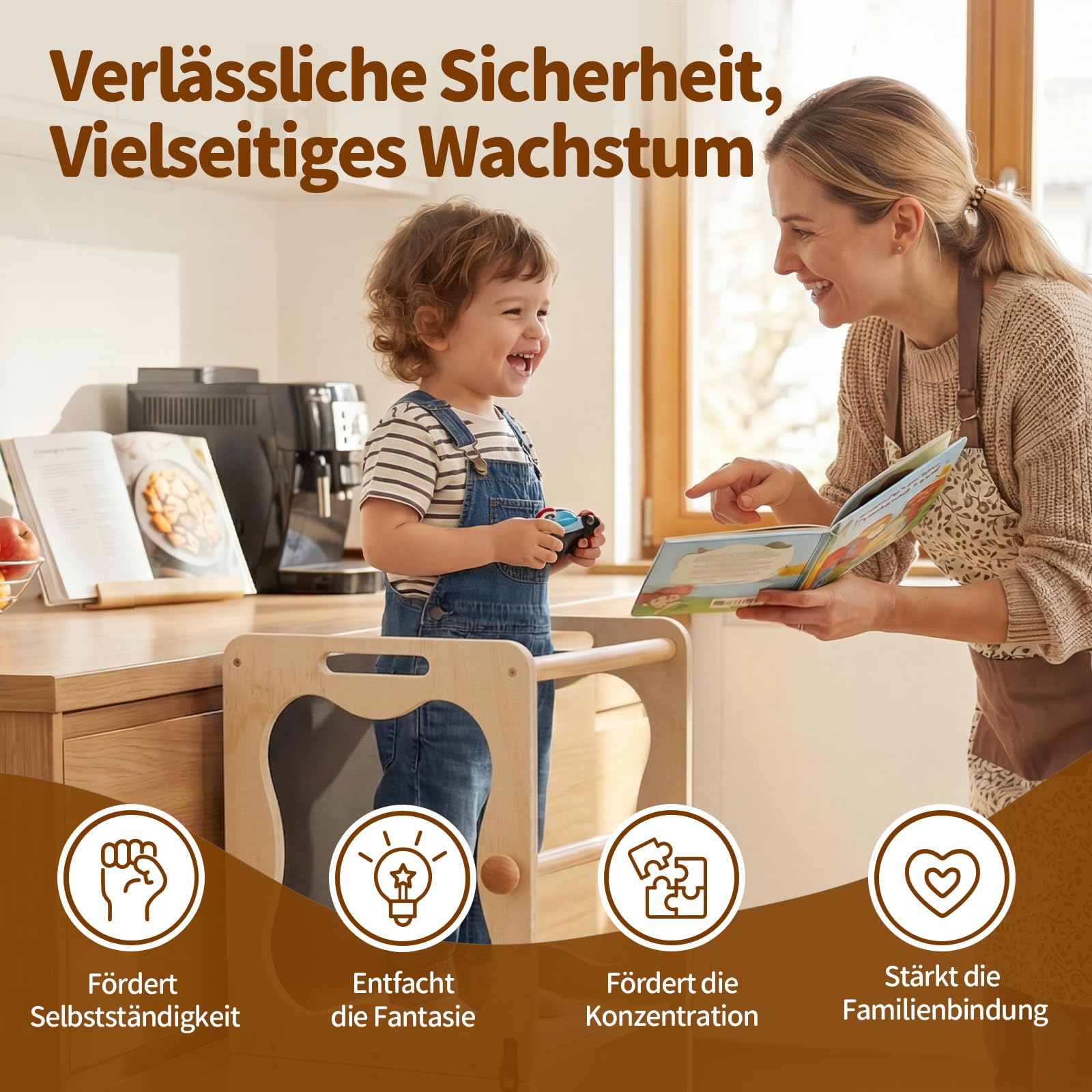 COSYLAND Lernturm Kinder 3in1 Küchenhelfer mit Tafel & Geländer Natur | wandelbar zu Tisch & Stuhl, ideal für Küche, Spielen und Lernen, stabil und sicher