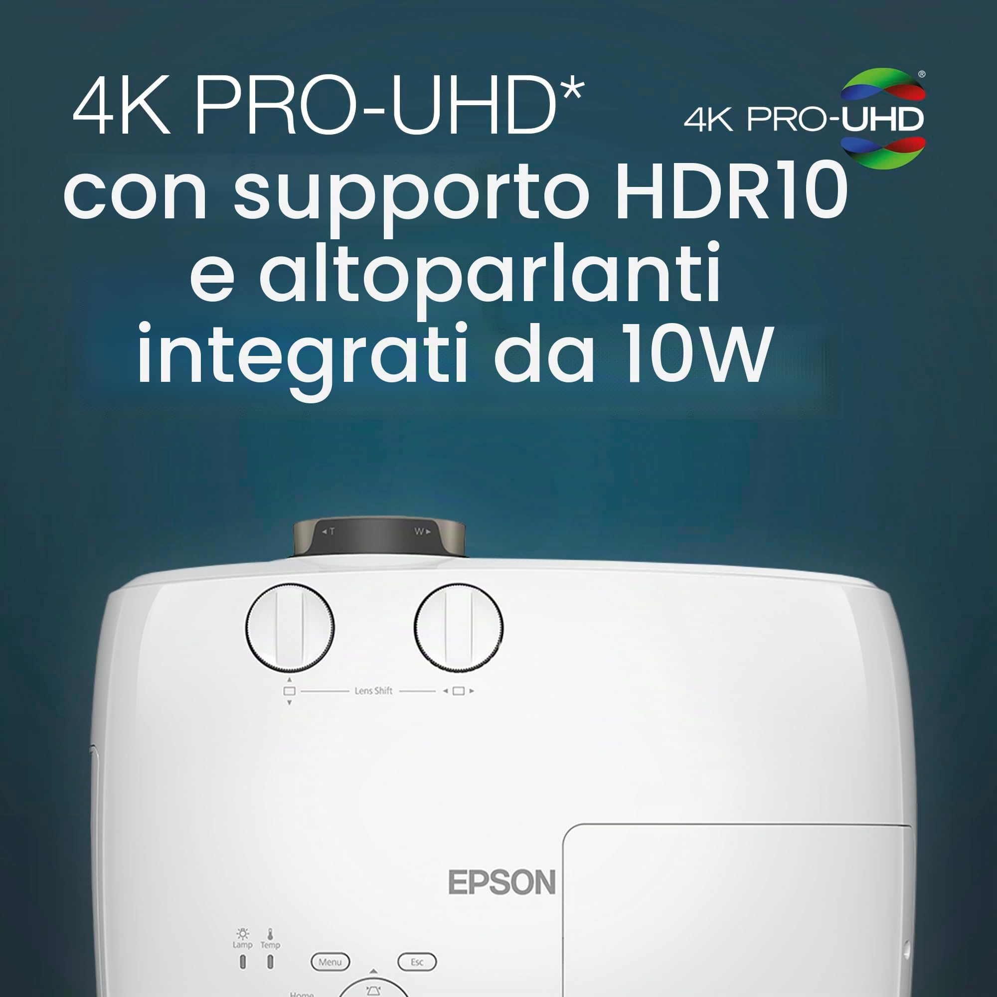 Epson EH-TW7100 3LCD, 4K PRO-UHD, 3000 lumen, display da 500 pollici, ampia gamma di spostamento dell'obiettivo, proiettore Home Cinema, streaming e gaming, bianco