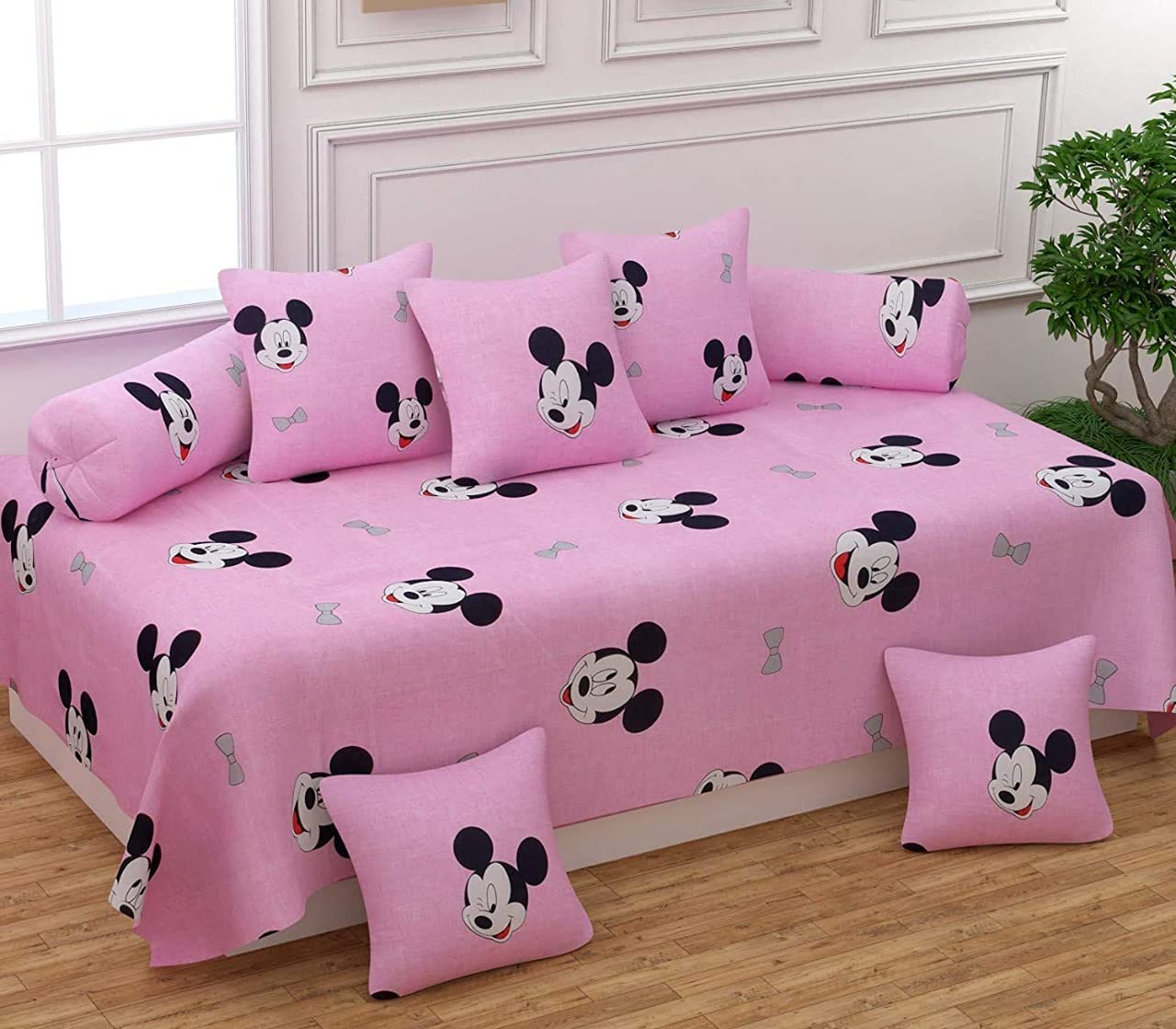 BREVARD 210 TC Glace Cotton 8 Pieces Diwan Set Including 1 Bedsheet, 5 Cushion Covers and 2 Bolster Covers (Pink Micky)-image-3