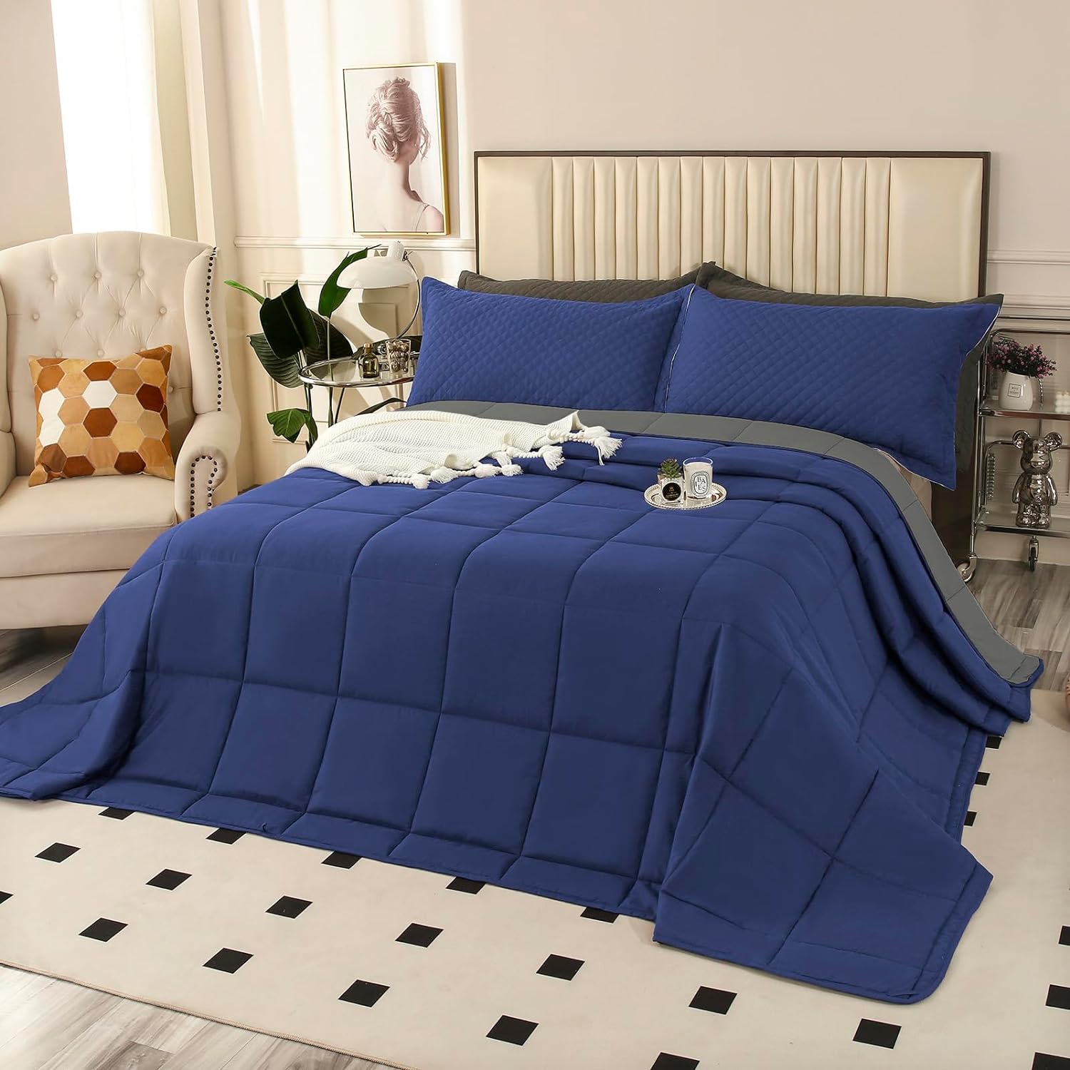 128x120 Oversized King Plus Comforter, Extra Large King Size Quilts 3 Pieces Lightweight Reversible Down Alternative Comforter for All Season with 8 Corner Tabs Navy/Dark Grey Oversized King Plus