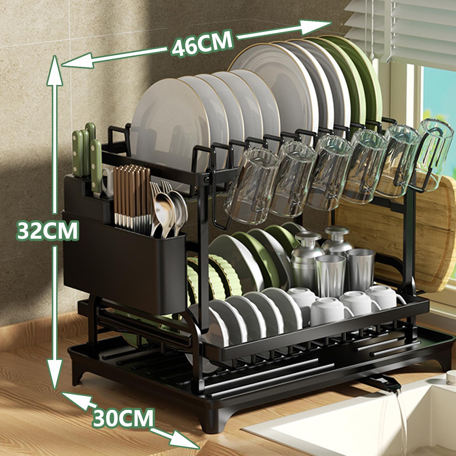 MIMOCASA Escurreplatos sobre Fregadero, Escurreplatos Acero Inoxidable de 2 Niveles Gran, Escurridor de Platos con Desagüe Soporte para Utensilios y Portavasos, Negro — view 2