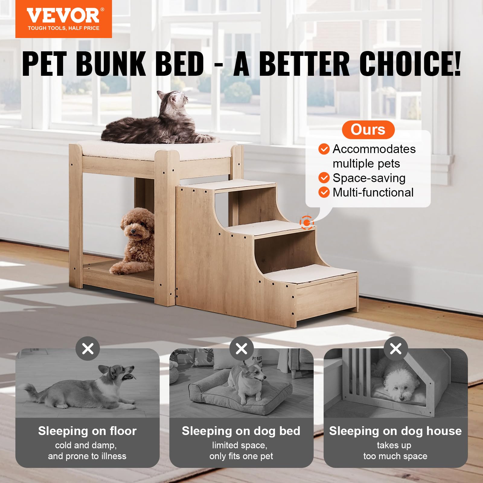 VEVOR Letto a Castello per Animali Domestici con Scale, Trespolo per Finestra per Cani/Gatti a più livelli per Uso Interno Accanto a Letto, Piattaforma di Seduta Rialzata con Cuscino in Schiuma, Beige