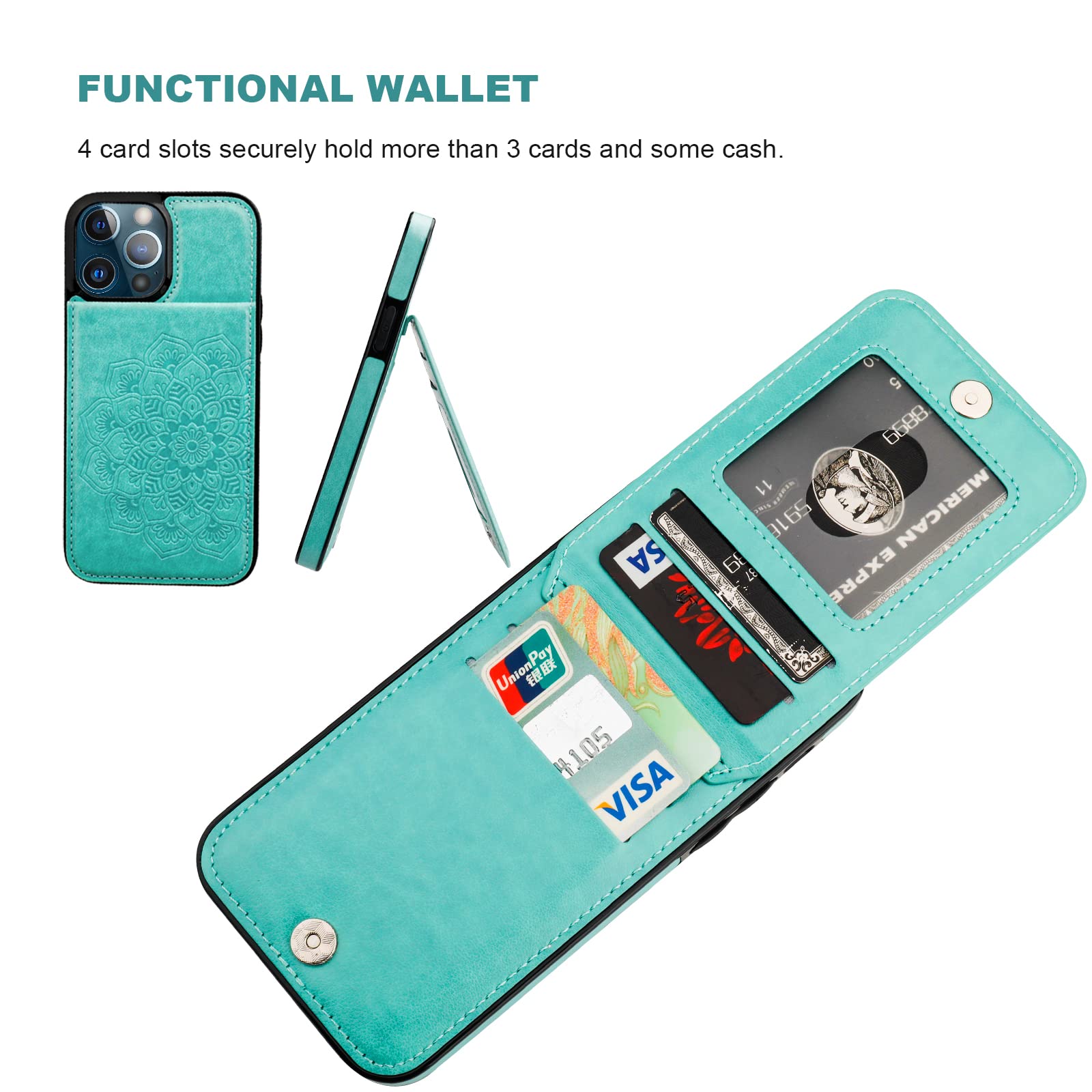 Vaburs Funda tipo cartera para iPhone 13 Pro, funda con función atril y tarjetero de crédito, patrón floral de mandala en relieve, piel sintética, cierre magnético, a prueba de golpes, funda