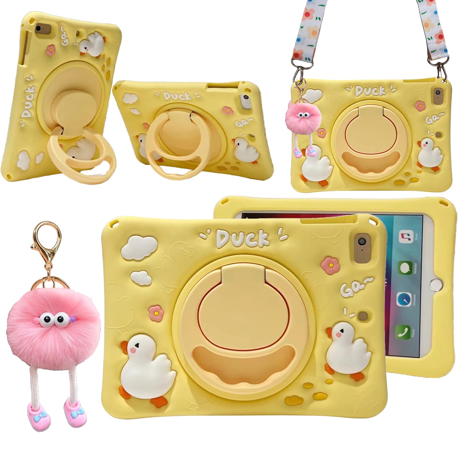 3D Cute Press Duck Case for iPad 9th/8th/7th 10.2 inch/Air 3rd 2019 /Pro 2017 10.5 inch,Kawaii Cartoon Character Duck Soft Silicone Rotating Stand