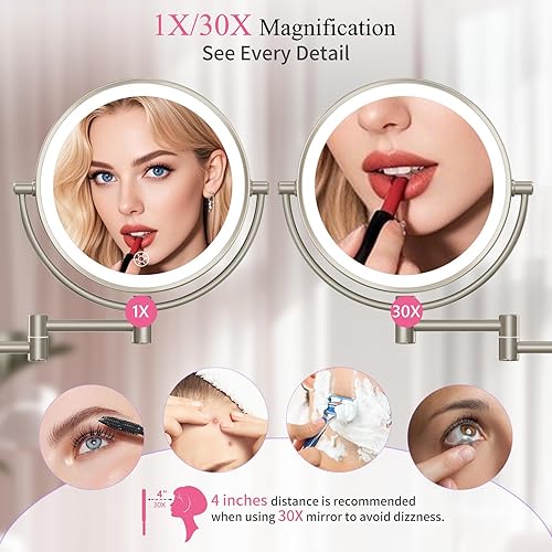 Vista 2 de Espejo de maquillaje montado en la pared con luces, aumento de doble cara 30X/1X, espejo de tocador iluminado con 3 modos de color, brillo Níquel