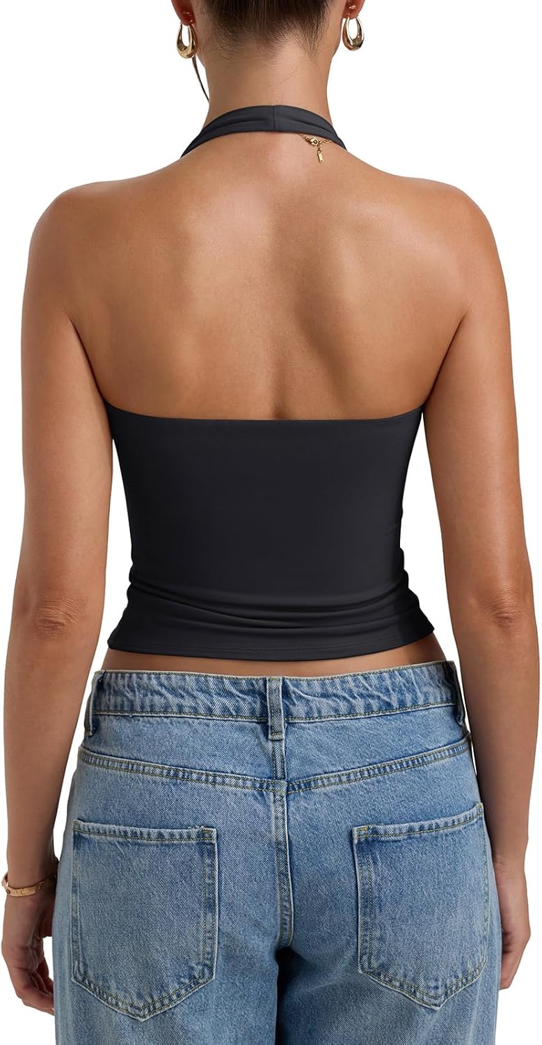 PINKMSTYLE Womens Padded Halter Tops Double Lined Sleeveless Tank Tops Built in Bra Backless Y2K Going Out Tops