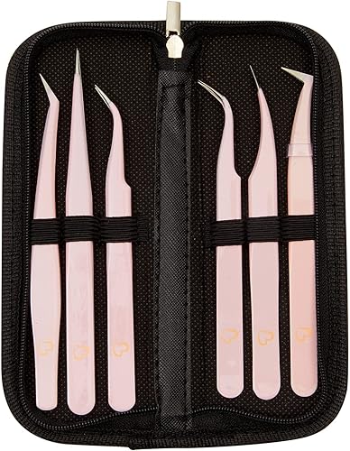 Miniatura 3 de Okuna Outpost Juego de pinzas de precisión de 6 piezas para extensiones de pestañas con estuche de almacenamiento (rosa claro) - Pinzas para pestañas