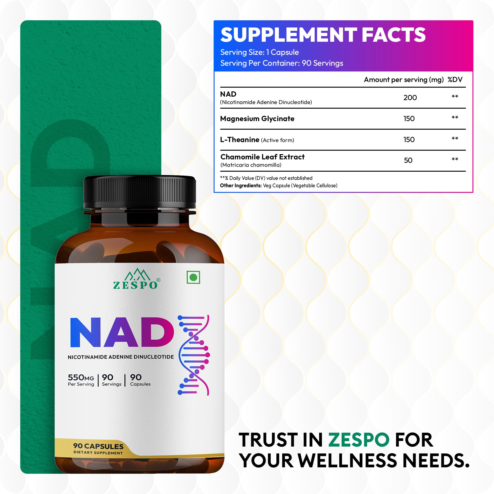 ZESPO NAD Supplement with Magnesium Glycinate, L-Theanine & Chamomile | 90 Vegetarian Capsules 1