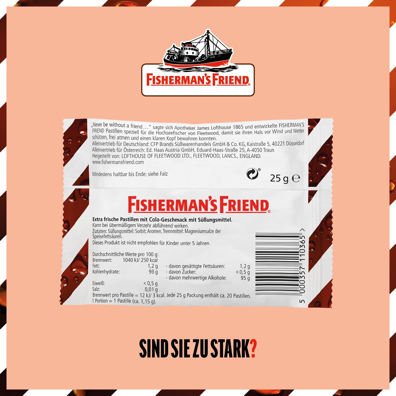 Fisherman's Friend Cola, 24er Vorratsbox, Exklusive Sorte mit Menthol Geschmack, zuckerfrei und vegan, Cola-Bonbons für frischen Atem, 24 x 25g