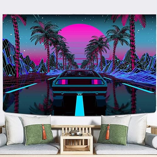 Miniatura 3 de Ine Ive Tapiz de escena urbana de la calle de autos, palmeras, puesta de sol, cielo estrellado, póster colorido punk para colgar en la pared, 60 x