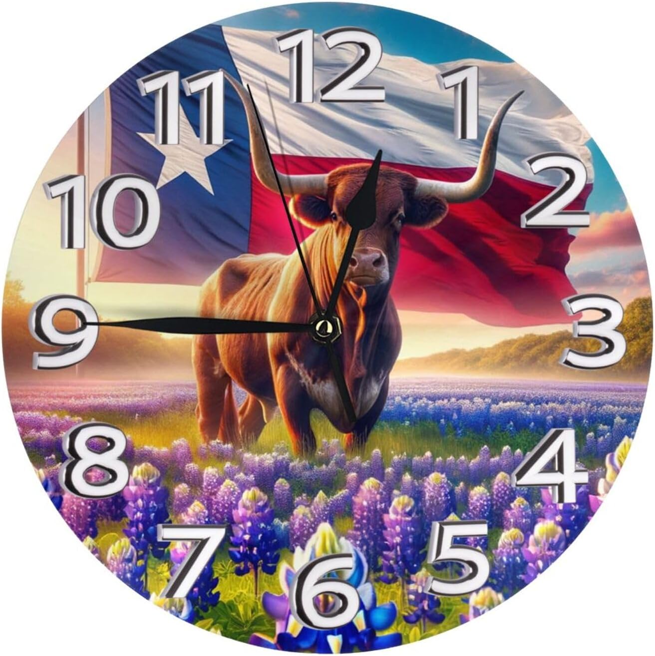 Augenstern Silent Texas-Bluebonnets Non-Ticking Round Clock, Frameless Wall Clock, PVC Material for Home Or Office Use