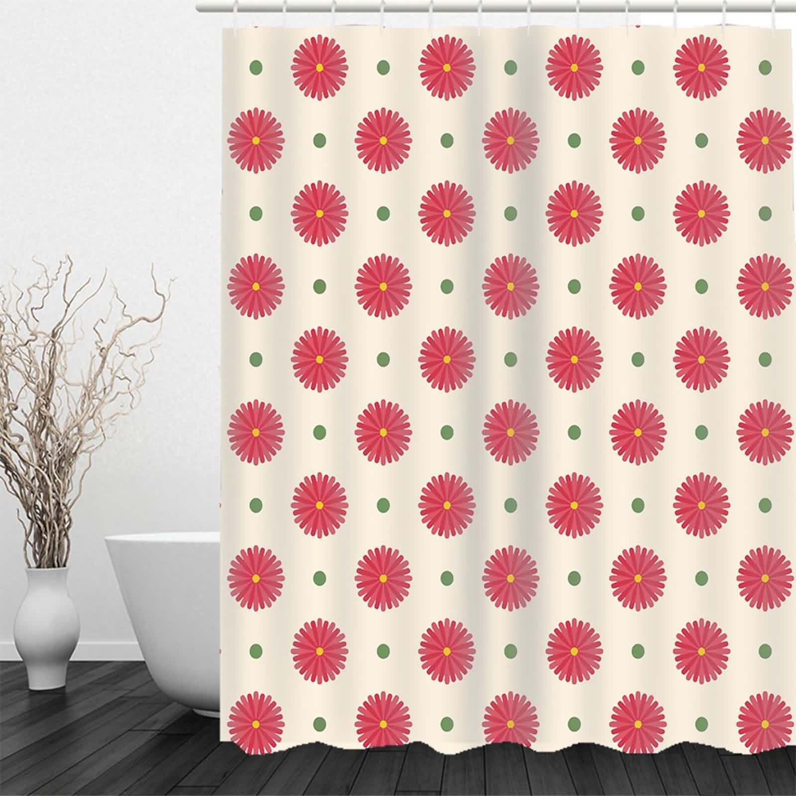 Cortina De Baño con Peso Abajo Ducha Transparente Opaca Punto Onda Verde Pequeñas Margaritas Rojas Infantil Antimoho Decorativa Light Pink 220x180cm