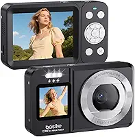 Basike Câmera Fotográfica Digital 4K UHD 64MP, Zoom 18X, Tela Dupla com Flash, Foco Automático e Função Webcam, para Iniciantes, Jovens e Viagens, Compacta, Criativa e Portátil – Preto