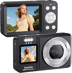Basike Câmera Fotográfica Digital 4K UHD 64MP, Zoom 18X, Tela Dupla com Flash, Foco Automático e Função Webcam, para Iniciantes, Jovens e Viagens, Compacta, Criativa e Portátil – Preto
