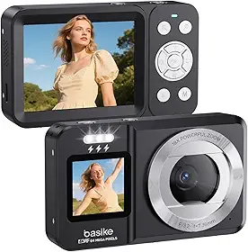 Basike Câmera Fotográfica Digital 4K UHD 64MP, Zoom 18X, Tela Dupla com Flash, Foco Automático e Função Webcam, para Iniciantes, Jovens e Viagens, Compacta, Criativa e Portátil – Preto