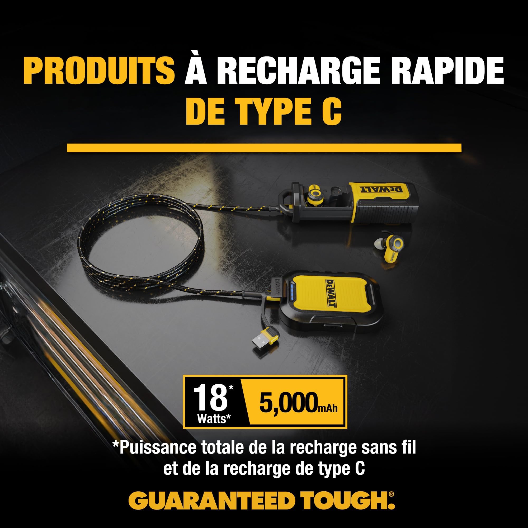 DEWALT Power Bank magnétique Robuste 5 000 mAh, Chargeur Portable sans Fil, Batterie 18W Charge Rapide, USB-C vers C avec Adaptateur USB 4’, résistant à l’Eau, Compatible Magsafe iPhone 17/16/15/14