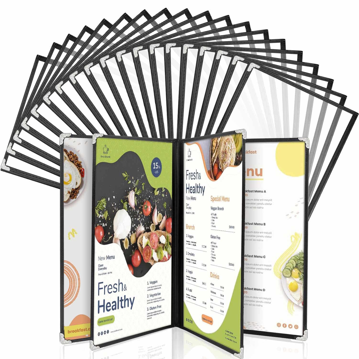 WenYa Fundas de menú A4 (paquete de 20), 4 páginas, 8 vistas, soportes para menús estilo cafetería, borde negro, cubierta transparente para menú de vino con protectores de esquina de metal, se adapta