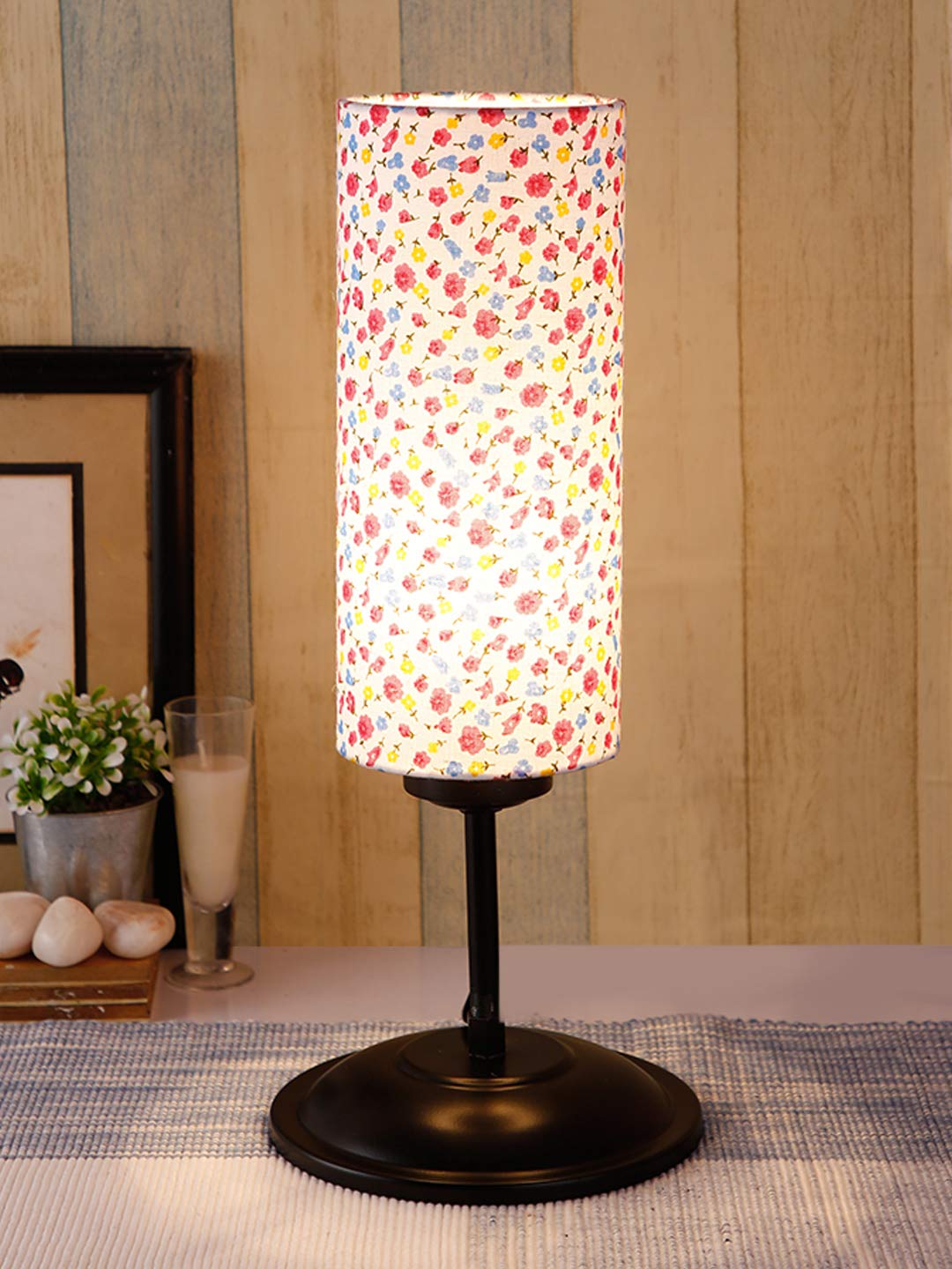 Devansh Cylindrical Multi Cotton Shade Table Lamp with Black Base (Size : 6.75x6.75x16.1 Inches)