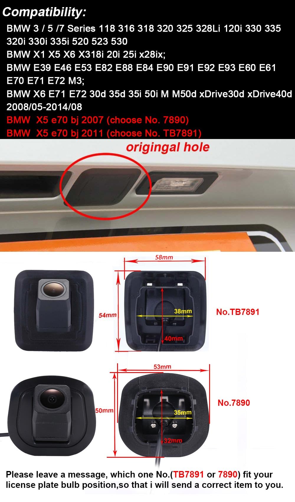 Cámara trasera impermeable para BMW X1 X5 X6 X3 20i 25i x28i E39 E46 E53 E82 E88 E84 E90 E91 E92 E93 E60 E61 E70 E71 72 M3 X5 E70 2011, STTB7891-GE