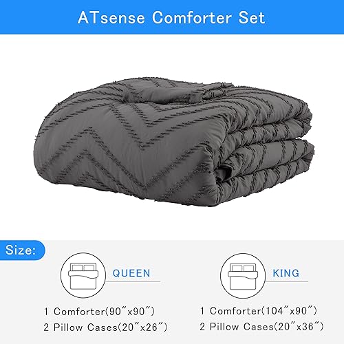 Miniatura 7 de ATsense Juego de edredón de jacquard copetudo gris oscuro, juego de cama de microfibra alternativa reversible con textura bohemia, juego de edredón