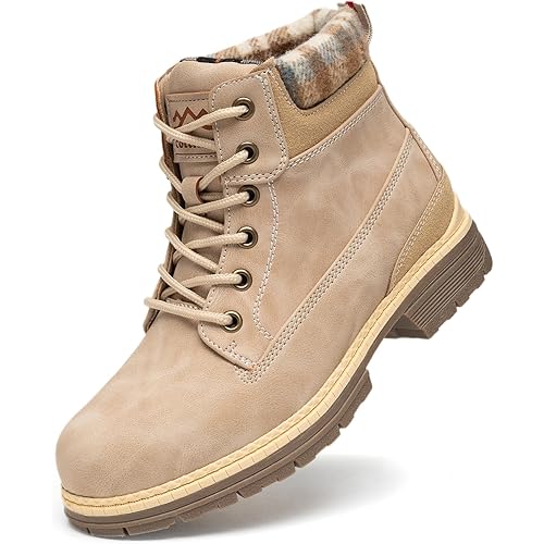 Snow Hiking Winter Boots for Women - Casual Brown Combat Work Boot - Non-slip Fur-Lined Ankle Boots - Fashion Boots Waterproof Leather Shoes