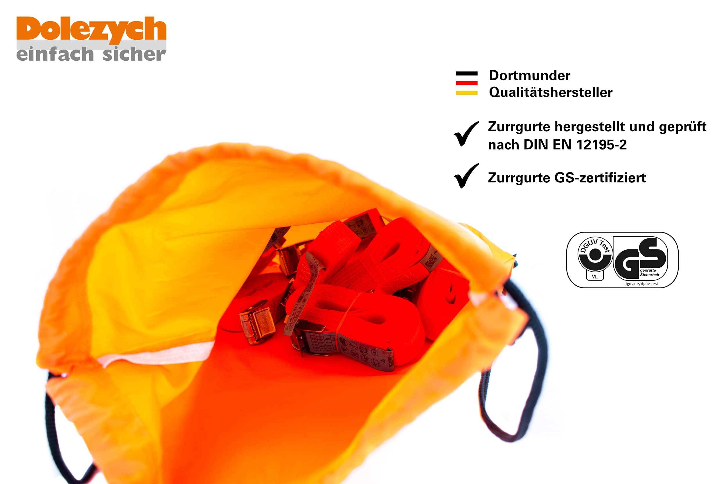 Dolezych-Zurrgurte, 1-Teil, 30 Stück Klemmschloßzurrgurte 25 mm, Länge: 10 x 2m, 10 x 4m; 10 x 6m; 250 daN zul. Zugkraft, in Dolezych-Premium-Gymsac, rot, orange