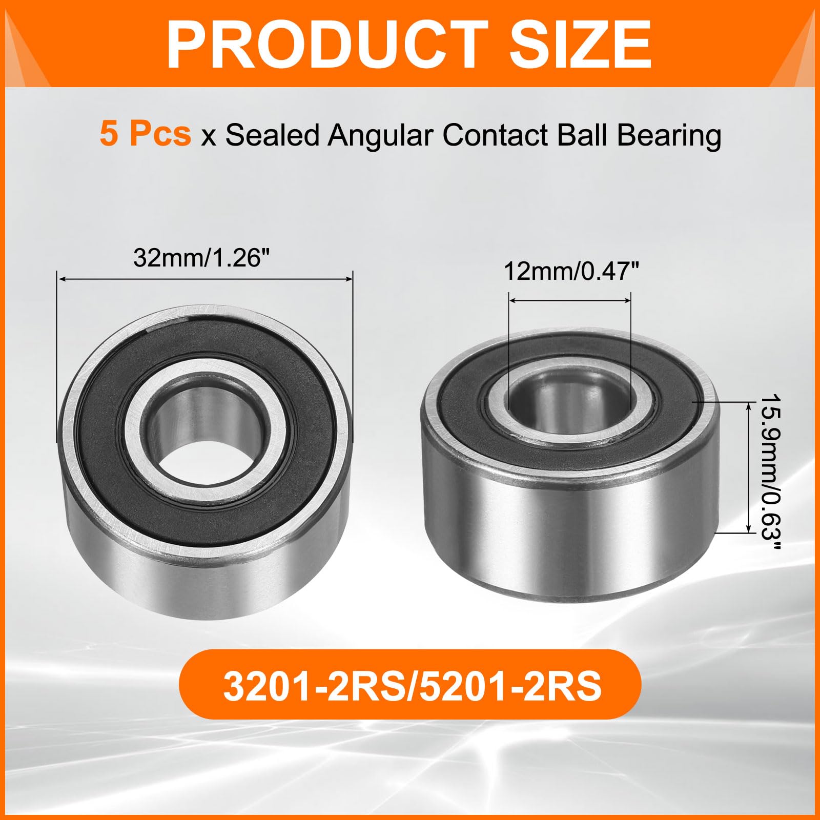 QUARKZMAN 5Pcs 3201-2RS/5201-2RS Rodamientos De Bolas De Contacto Angular Doble Sellados, 12 x 32 x 15.9mm Rodamientos Para Motor Eléctrico, Bombas, Compresores, Maquinaria Agrícola