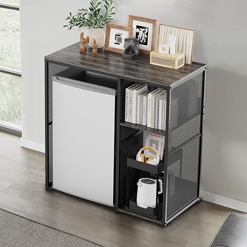 Miniatura 5 de Armario de barra de café de 3 niveles con espacio para mini refrigerador, soporte rústico de microondas gris resistente, estante organizador de
