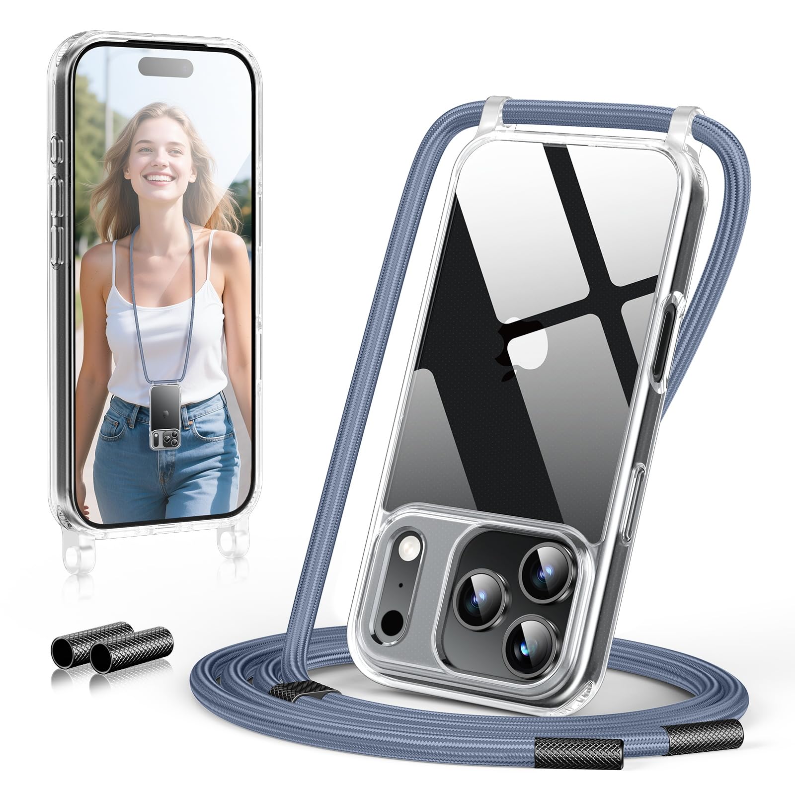 GOODVISH Cover Trasparente con Cordino per iPhone 17 Pro, Custodia con Regolabile Collana per iPhone 17 Pro 6.3", [Antiurto] [AntiGraffio] [Antiscivolo] Case con Laccio Tracolla, Blu