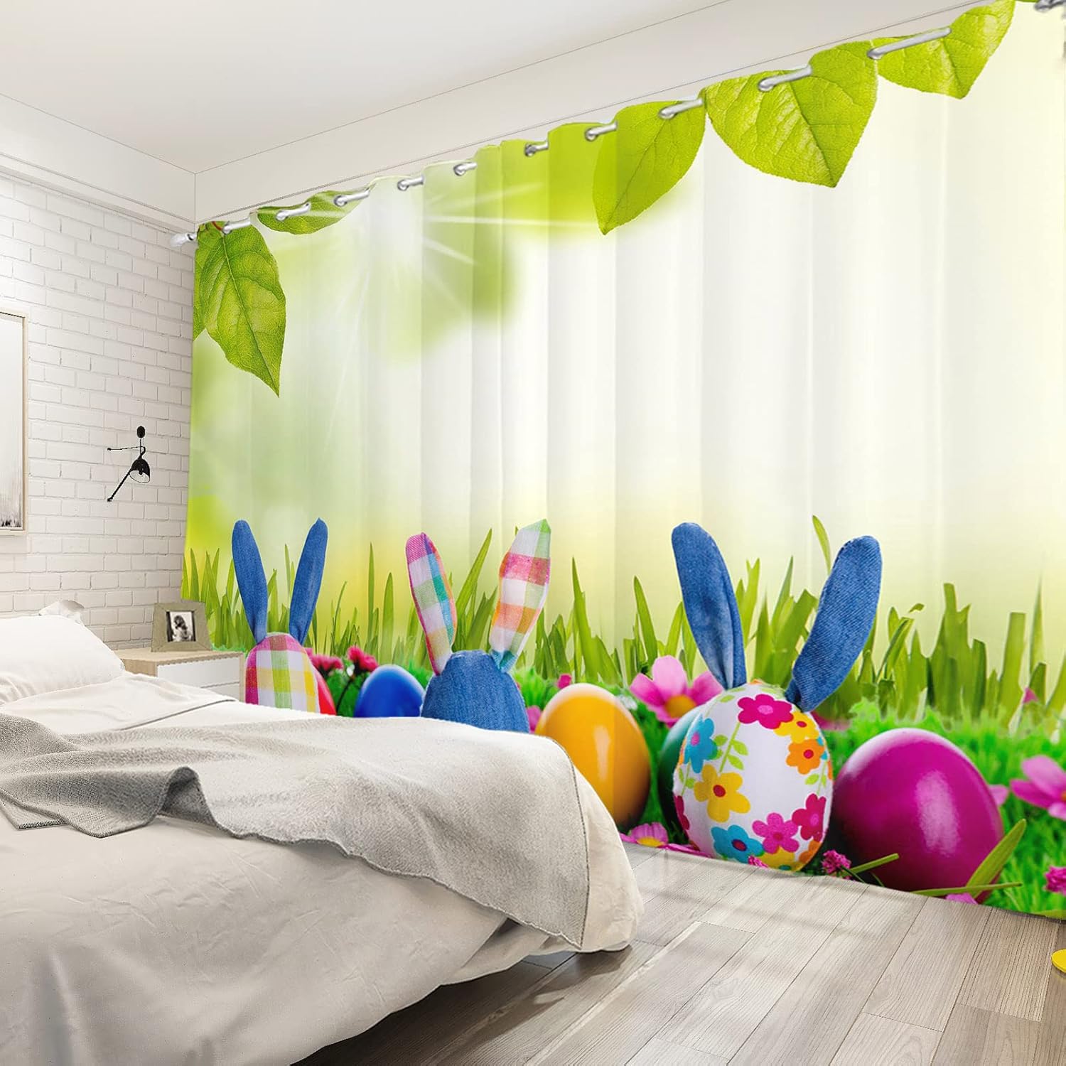 Yeele 42x85inches Happy Easter Blackout Curtains Spring Grassland Colorful Eggs Pattern Print Grommet Window Curtain for Kids Adult Living Room Bedroom Decor Waterproof Polyester Drapes 2 Panels