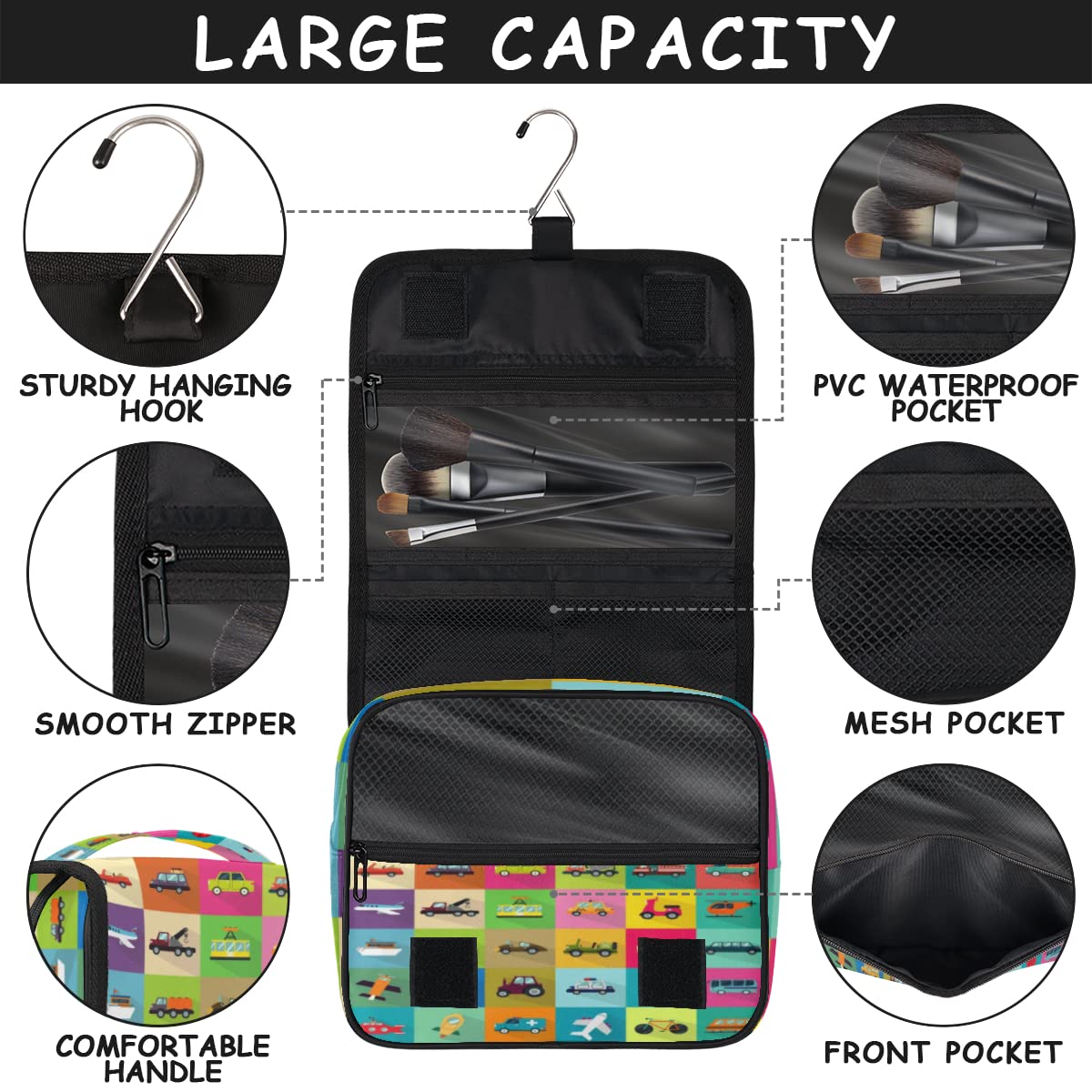 Samochody podróżna kosmetyczka karon transport samochody torba do mycia torba unisex wiszące przybory toaletowe kosmetyczne organizer do makijażu, wielobarwny, Jeden rozmiar
