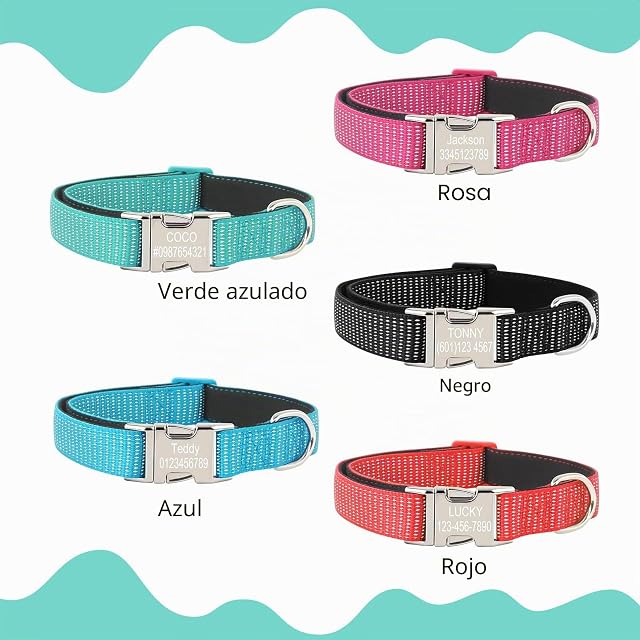 Foto 7 de 7 de Collar para perros con grabado láser personalizado con nylon reflectante y hebilla de identificación de metal…